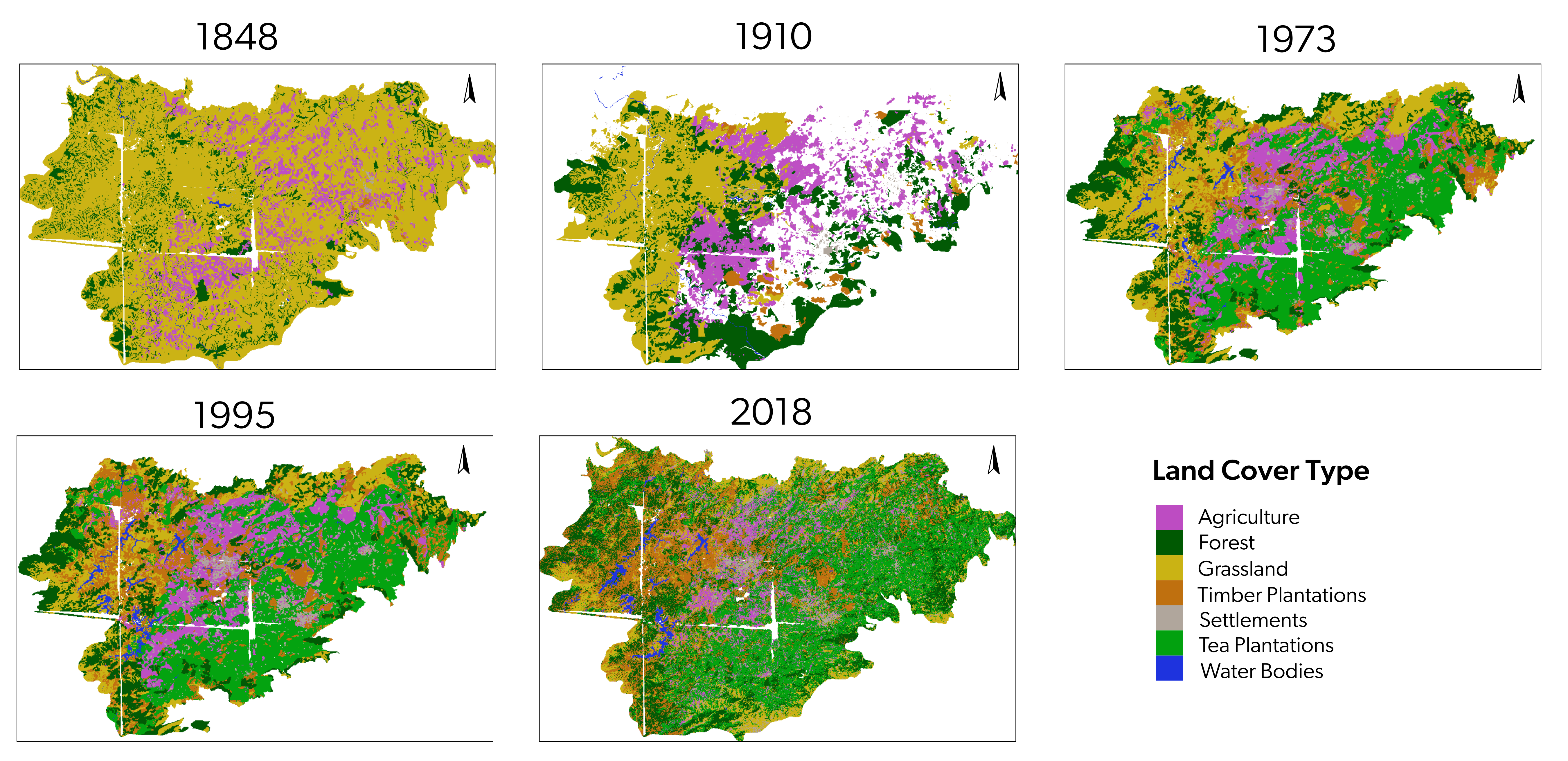 Landscape change over time with the inclusion of data across 1848, 1910, 1973, 1995 and 2018 revealed similar conclusions as before