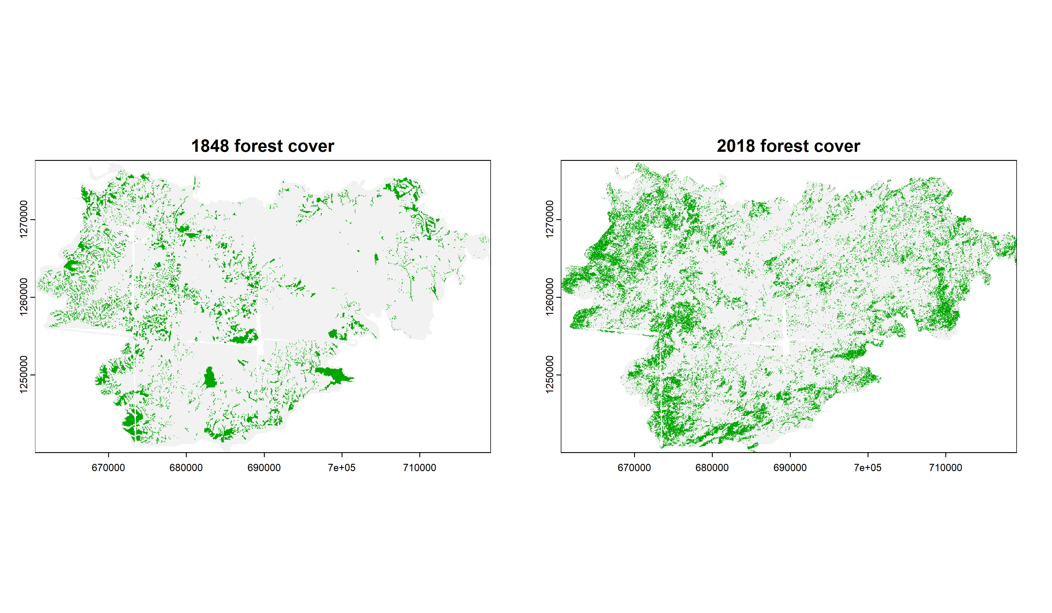 Forest cover differences between 1848 and 2018